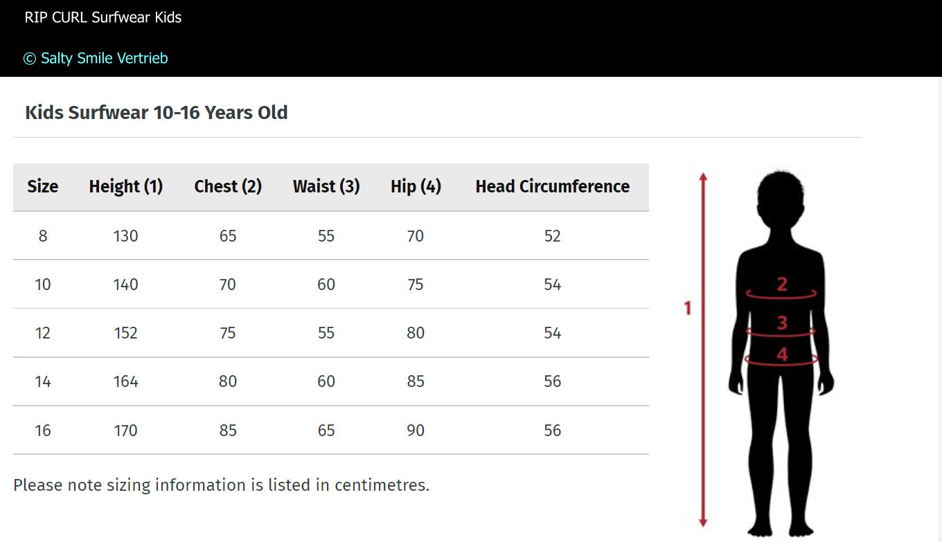Rip Curl Surfwear Size Chart Größentabellen kids youth